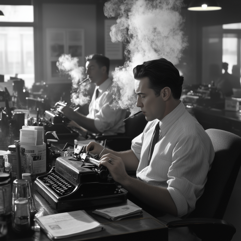 1950s Smoky Newsroom with Typewriters