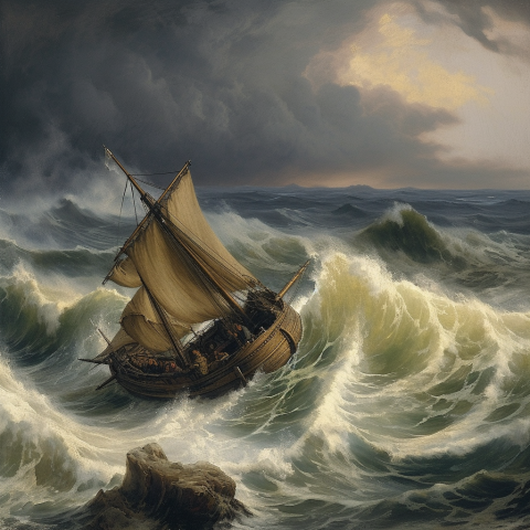 A boat fighting a raging sea