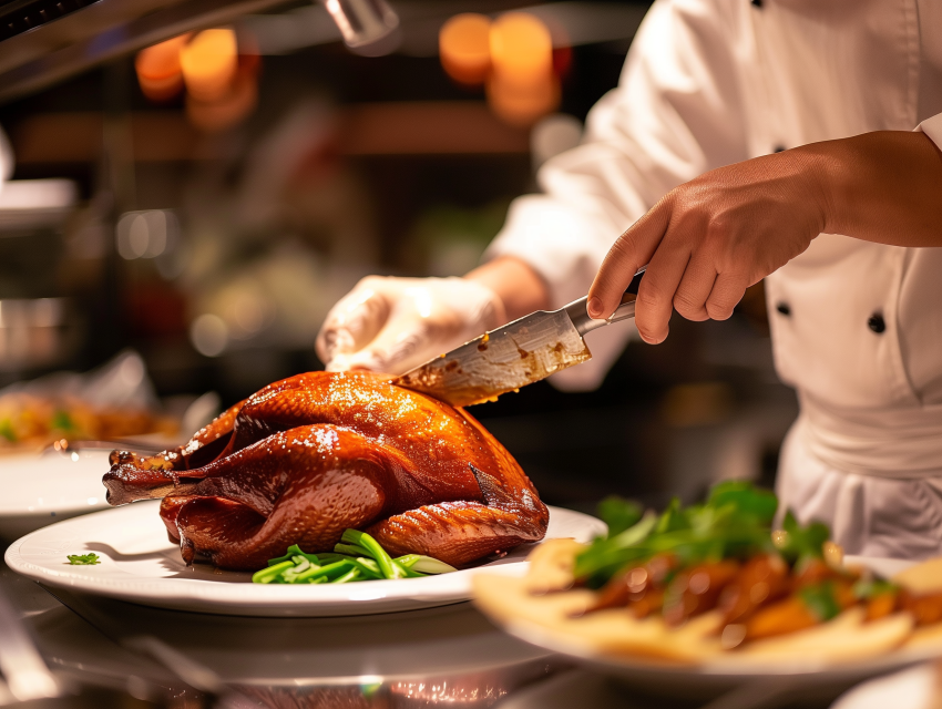 A chef expertly carving a crispy Peking duck