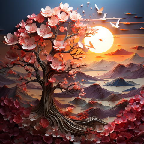 A cherry tree made of origami with real flowers
