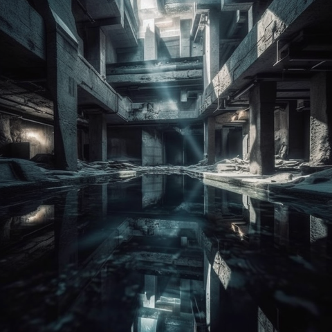 A concrete building reflecting in the water
