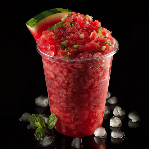 A cool watermelon slush in a clear cup