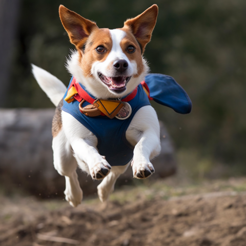 A dog flying as a super hero