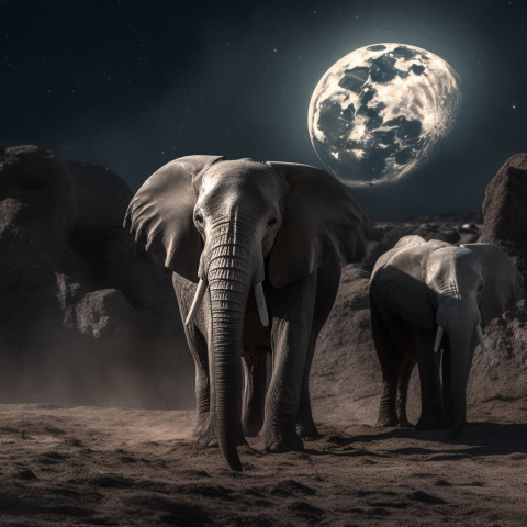 African Elephants Under a Full Moon
