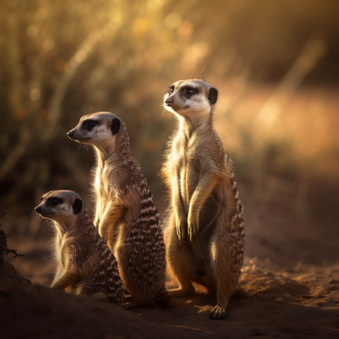 Three Meerkats Standing in Desert Light