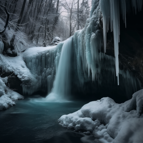 A frozen waterfall with large icicles hanging from it