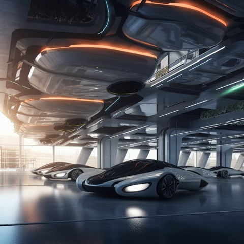 Futuristic Flying Cars in Air Garage