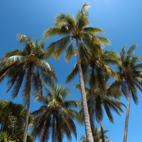 A group of palm tree with a clear blue sky in the back