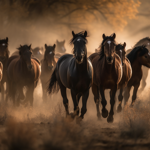 Herd of Horses Running in Dust