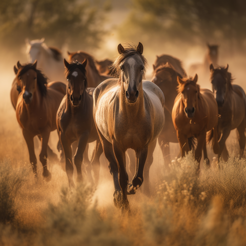 Herd of Horses Running in Dusty Landscape