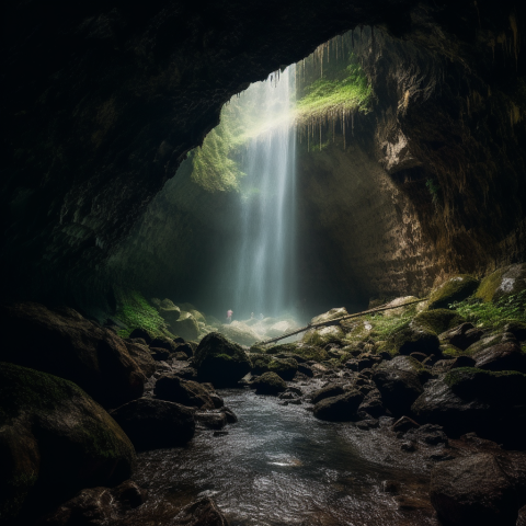 A hidden cavern behind a waterfall