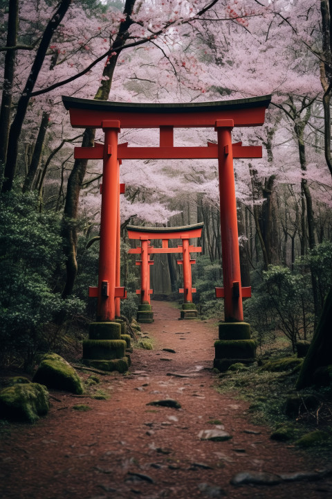 A Japanes red torii with Cherry Blossoms