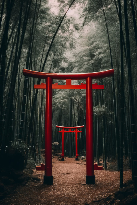A Japanese red torii in front of a bamboo forrest