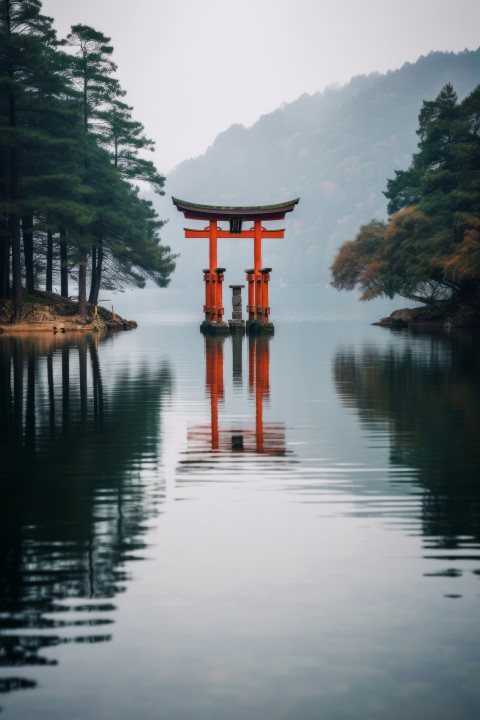 A Japanese red torii in front of a calm lake