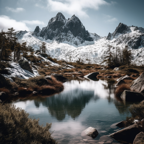 A lake nestled between snow capped mountains