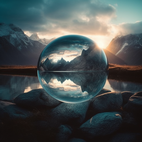 A lake viewed through a glass sphere