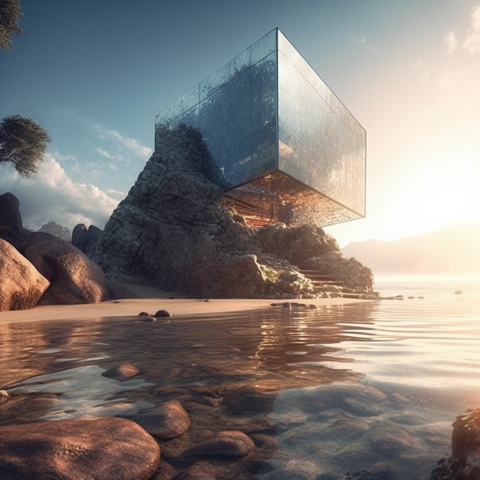 A large metallic cube on a hillside
