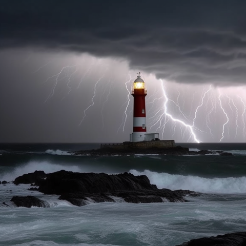 A lighthouse in a lightning storm