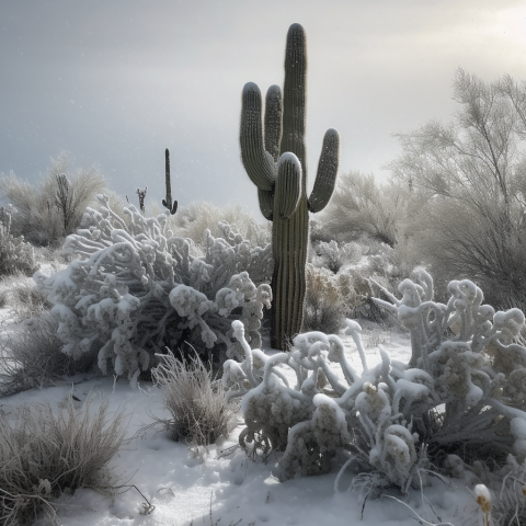 Saguaro Cactus Surrounded by Snow
