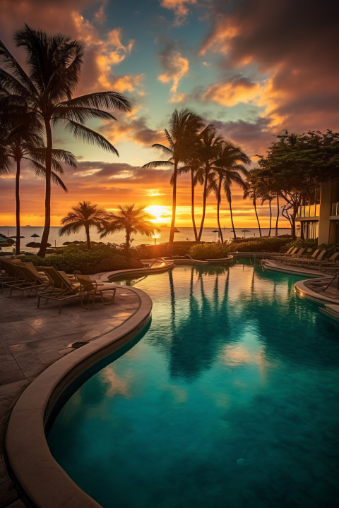 A luxury pool at a Hawaiian resort at sunset