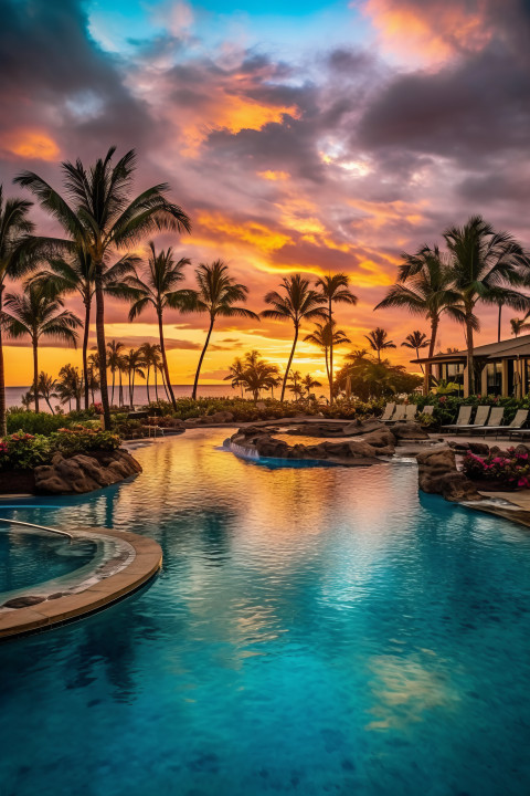 A luxury pool at a Hawaiian resort at sunset