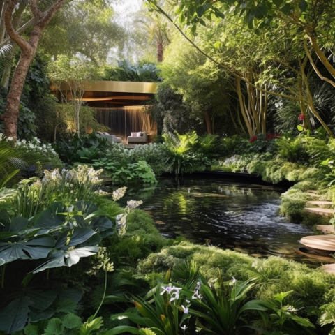 A million dollar garden with a water feature