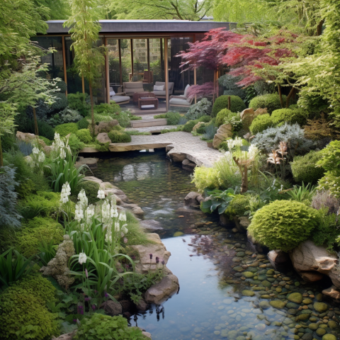 A million dollar garden with a water feature
