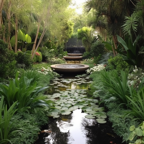 A million dollar garden with a water feature