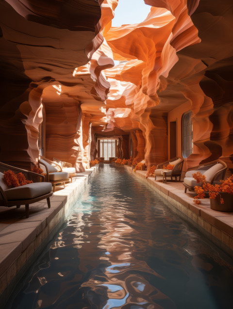 A modern luxury indoor swimming pool inside of Antelope Canyon