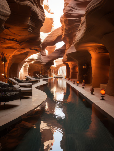 A modern luxury indoor swimming pool inside of Antelope Canyon