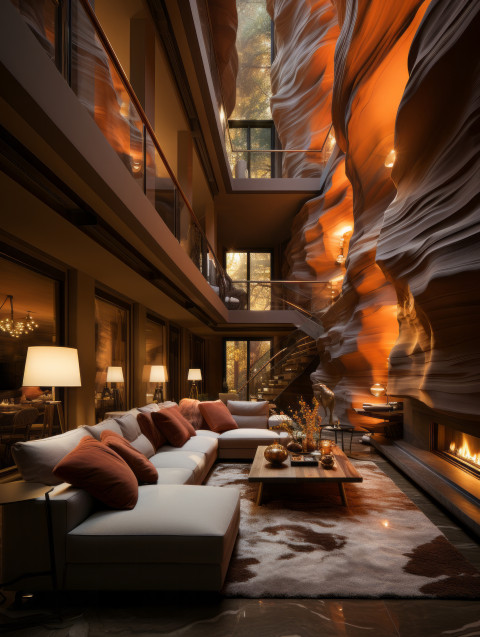 A modern luxury living room inside of Antelope Canyon