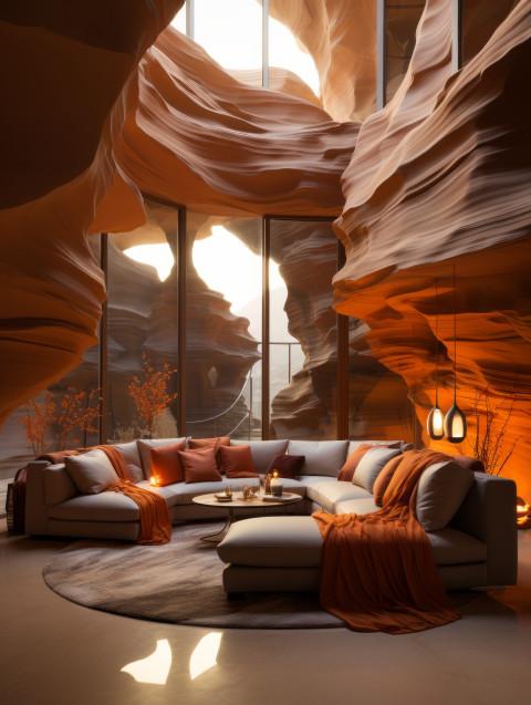 A modern luxury living room inside of Antelope Canyon