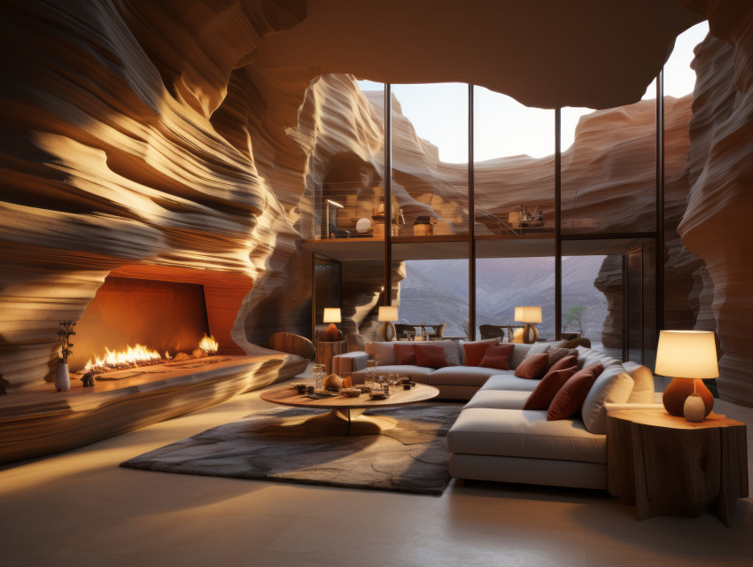A modern luxury living room inside of Antelope Canyon