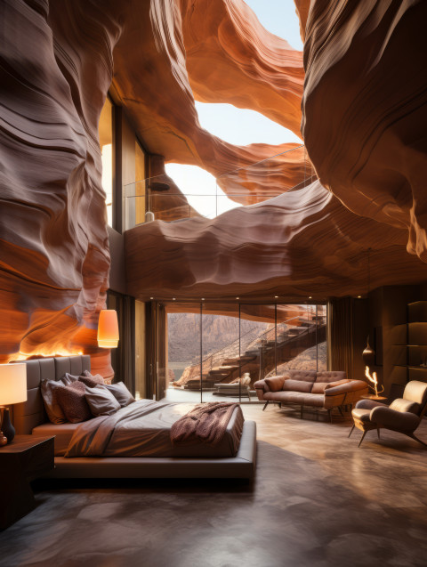 A modern luxury master bedroom inside of Antelope Canyon