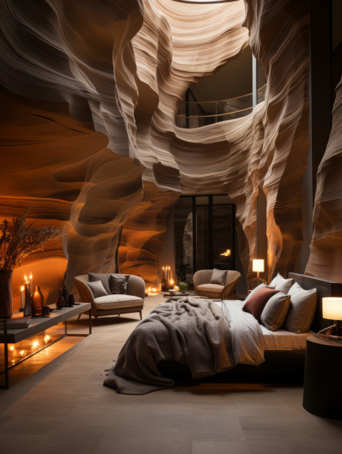 A modern luxury master bedroom inside of Antelope Canyon