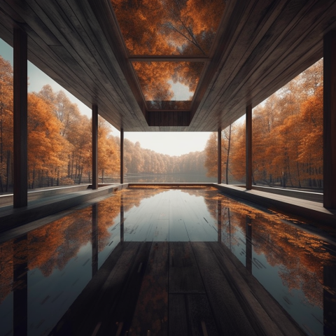 A modern porch over looking an autumn forest