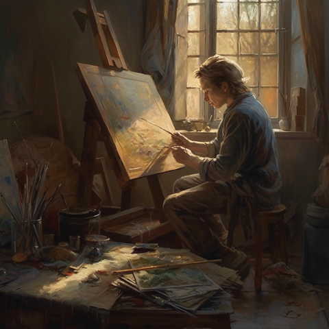 A painting of a painter painting a painting