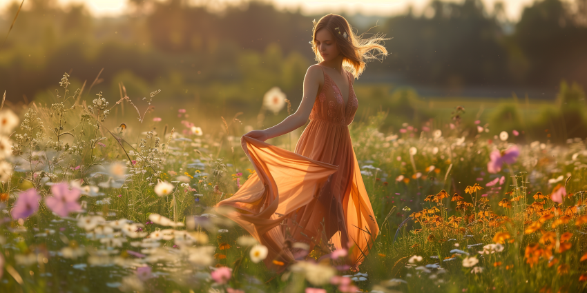 A Russian girl in a flowing bohemian summer dress