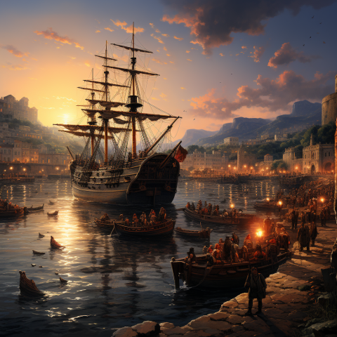 A ship docking in the harbor with a crowd