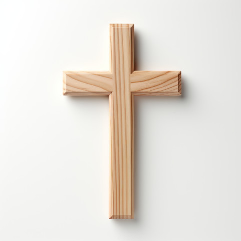 A simple wooden cross on a white background