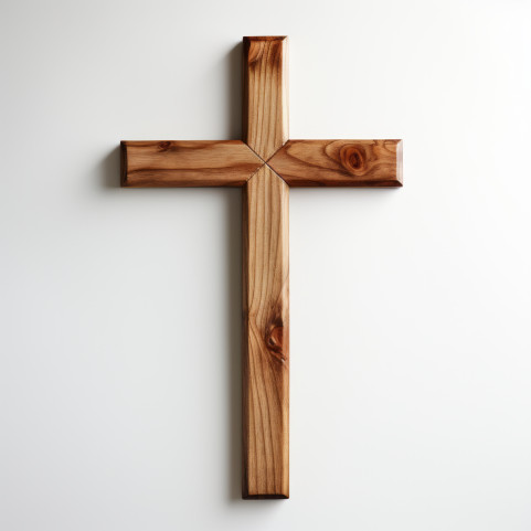 A simple wooden cross on a white background