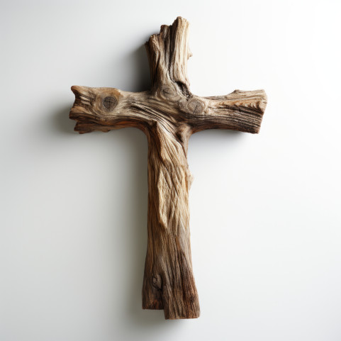 A simple wooden cross on a white background