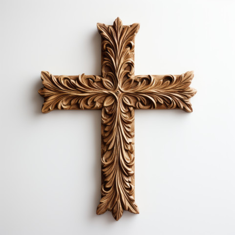 A simple wooden cross on a white background