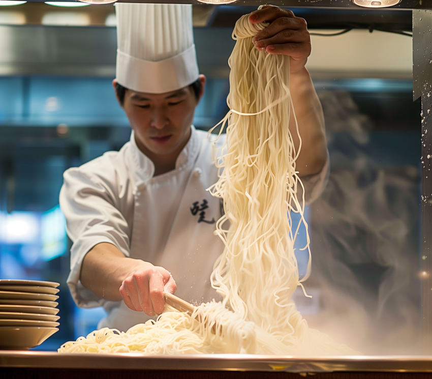 A skilled chef pulling fresh noodles