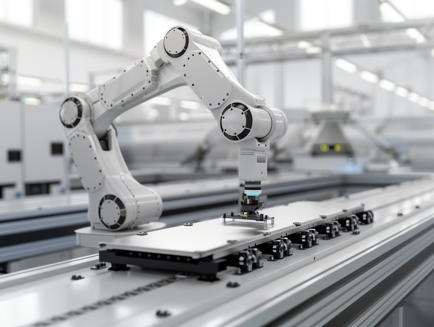 A Sleek Industrial Robot Arm Assembling Components With Precision