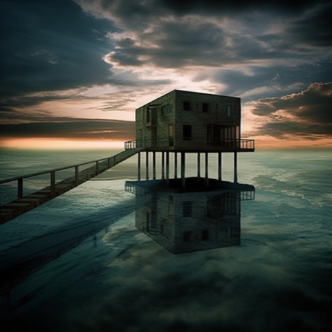A square building sitting on a dock