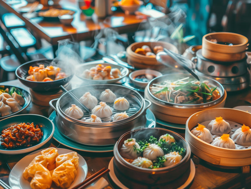 A table filled with a variety of steaming dim sum dishes