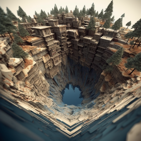 A town overlooking a large hole