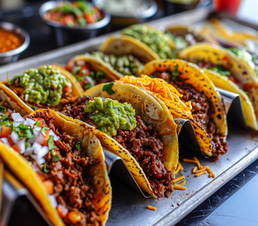A Tray Of Assorted Tacos Filled With Spicy Beef