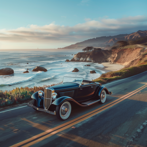 A vintage roadster cruising along a scenic coastal highway